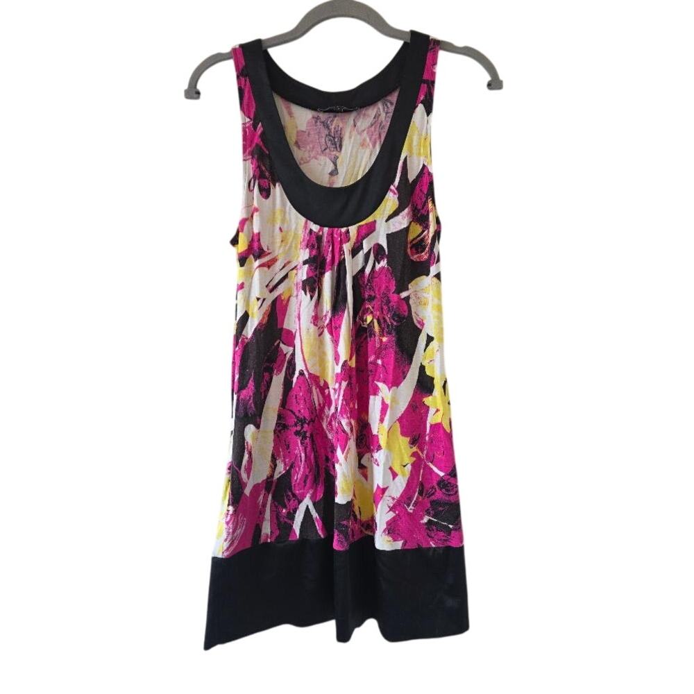 Express Floral Tunic Tank Dress Small Y2K Black Pink Rayon